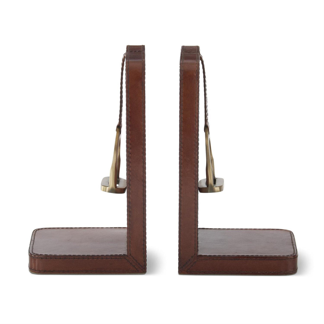 9.5 Inch Brown Leather Stirrup Detail Bookends - Set of 2