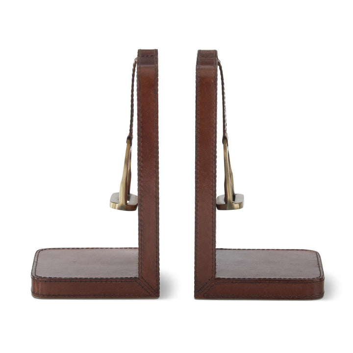 9.5 Inch Brown Leather Stirrup Detail Bookends - Set of 2