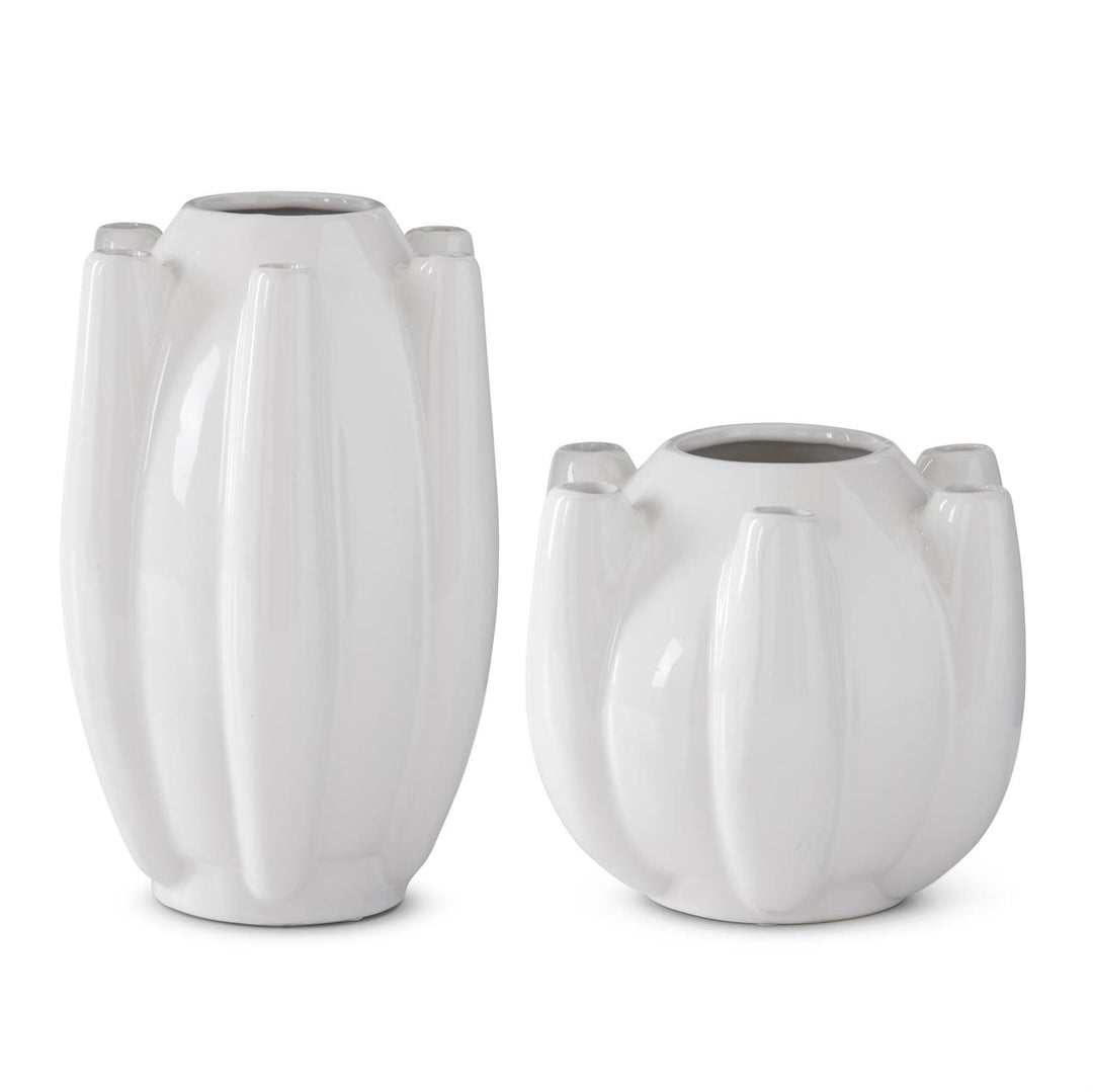 White Stoneware 7 Openings Tulipiere Vases - Set of 2