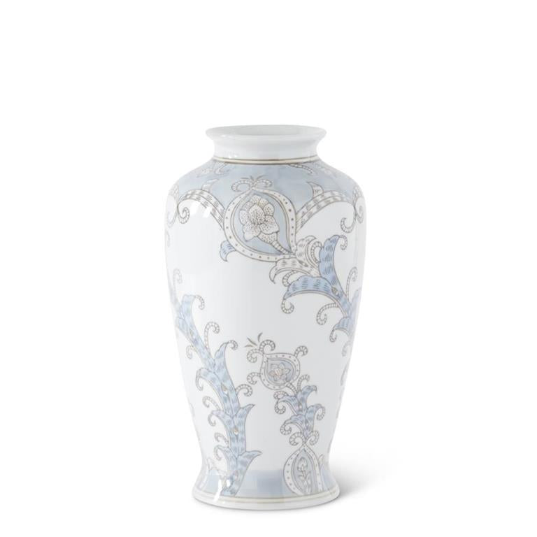 12" Light Blue and Gray Floral Ceramic Vase