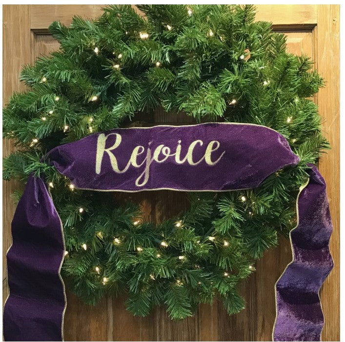 6" x 70" Velvet Wired Banner with  Gold Embroidery "Rejoice" - Lavender