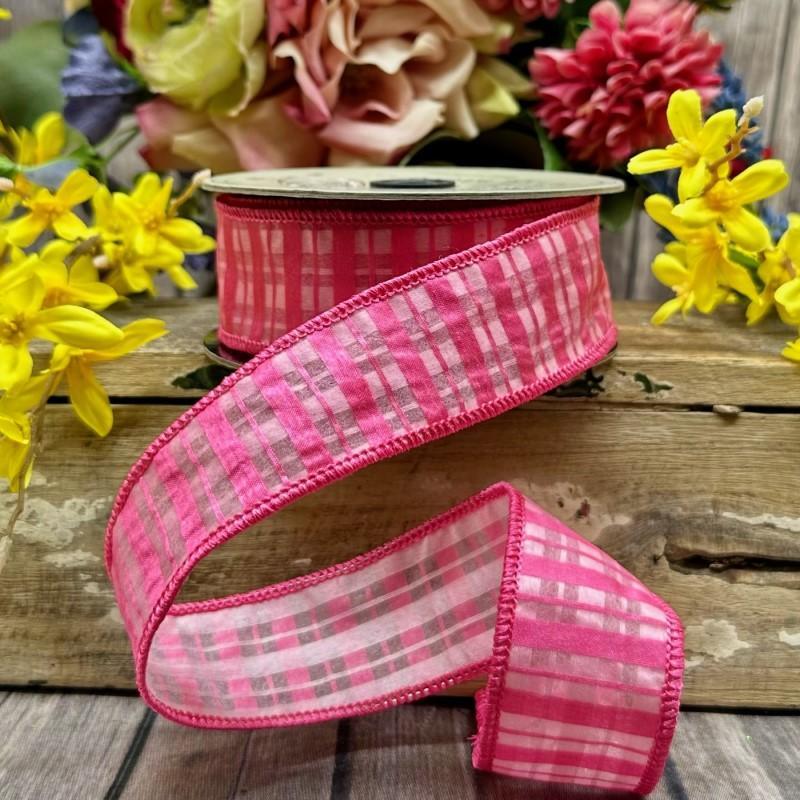 1.5" x 10yds Chiffon Satin Plaid, Hot Pink