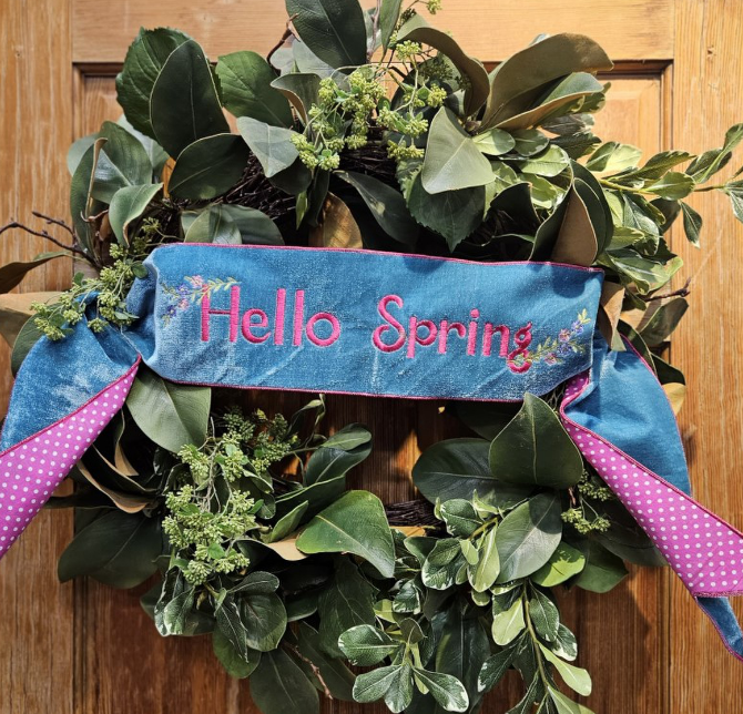 6" x 56" Velvet "Hello Spring"  polka dot banner, light teal blue