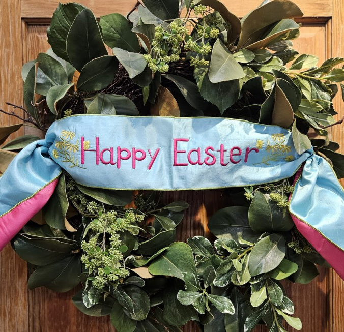 6" x 56" Dupion "Happy Easter" pink backing banner, robins egg blue