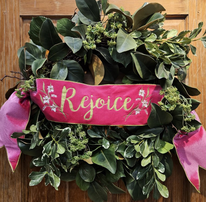 6" x 56" Velvet "Rejoice" green backing banner, hot pink