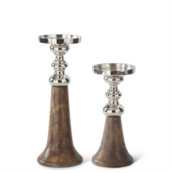 Mango Wood & Silver Metal Pillar with Taper Candleholders - Set of 2