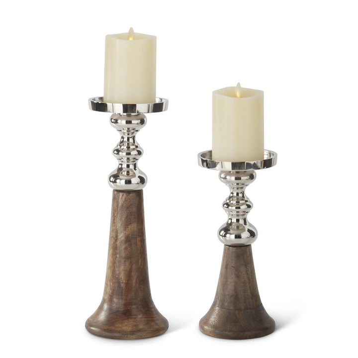 Mango Wood & Silver Metal Pillar with Taper Candleholders - Set of 2