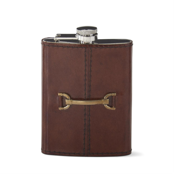 5.5 Inch Brown Leather 8 Ounce Flask w/Gold Horse Bit