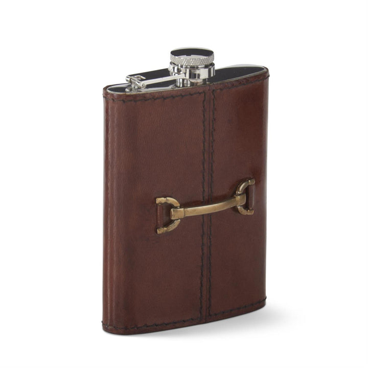 5.5 Inch Brown Leather 8 Ounce Flask w/Gold Horse Bit