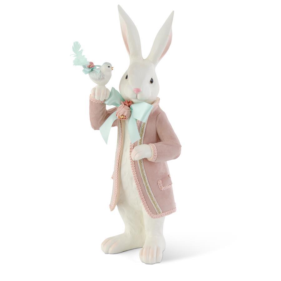 21.25 Inch Resin Easter Bunny in Pink Velvet Coat with Bird