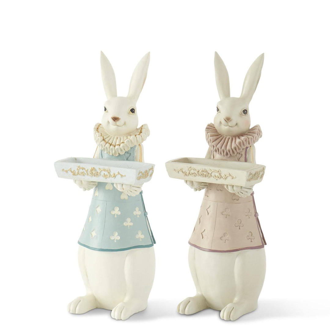 14.5" Pastel and Gold Resin Royal Jester Easter Bunnies with Tray - Choice of Pink or Blue