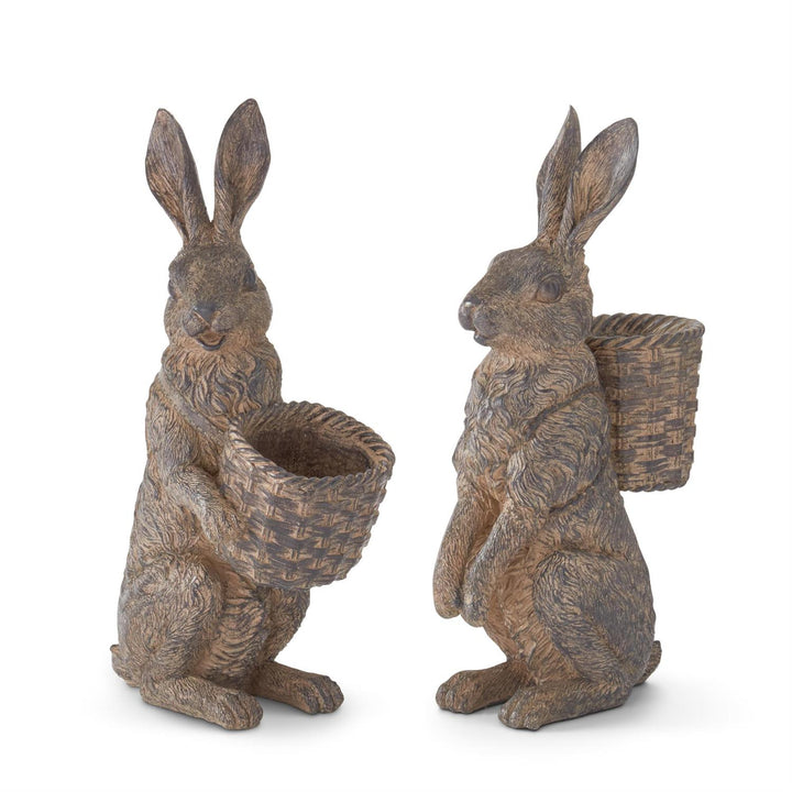 12" Brown Resin Rabbits with Baskets - Set of 2