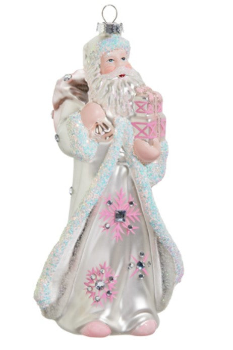 8" Pink and White Santa Ornament