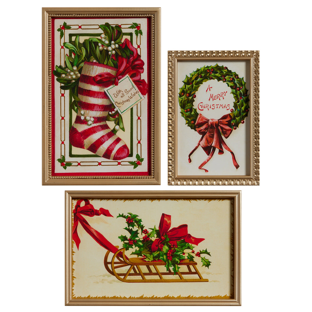 18" Vintage Christmas Wishes Framed Wall Art - Set of 3