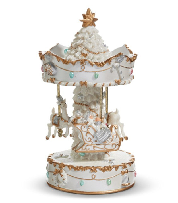 9.5" Animated Muscial White Santa's SLeigh Carousel