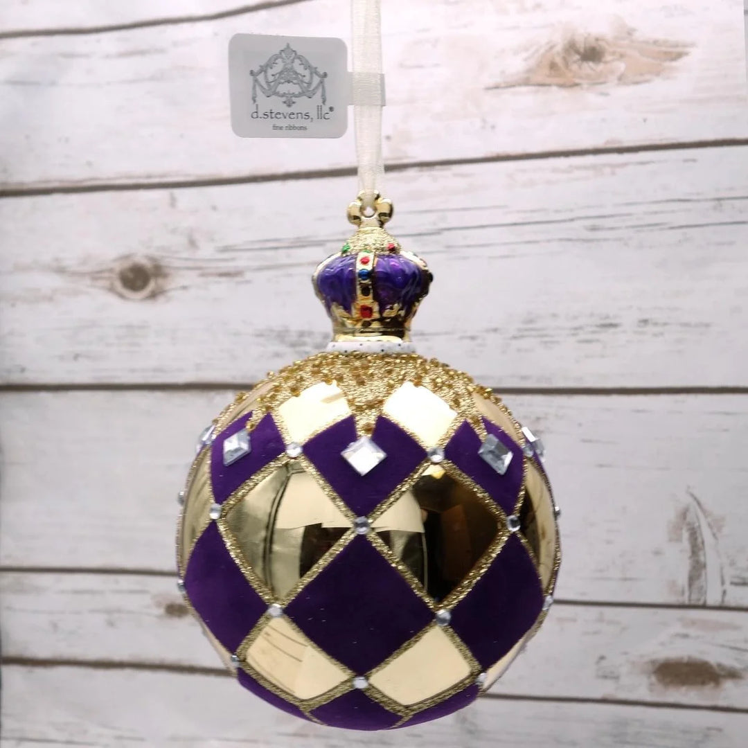 100mm Hand-Blown Bauble Porcelain Royal Check Ornament, Purple and  Gold