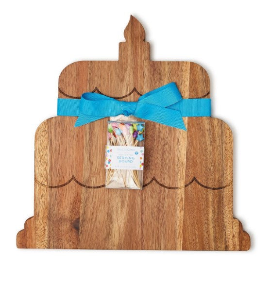 Birthday Cake Serving Board with 20 Star Picks - Acacia Wood/Bamboo Wood/Plastic