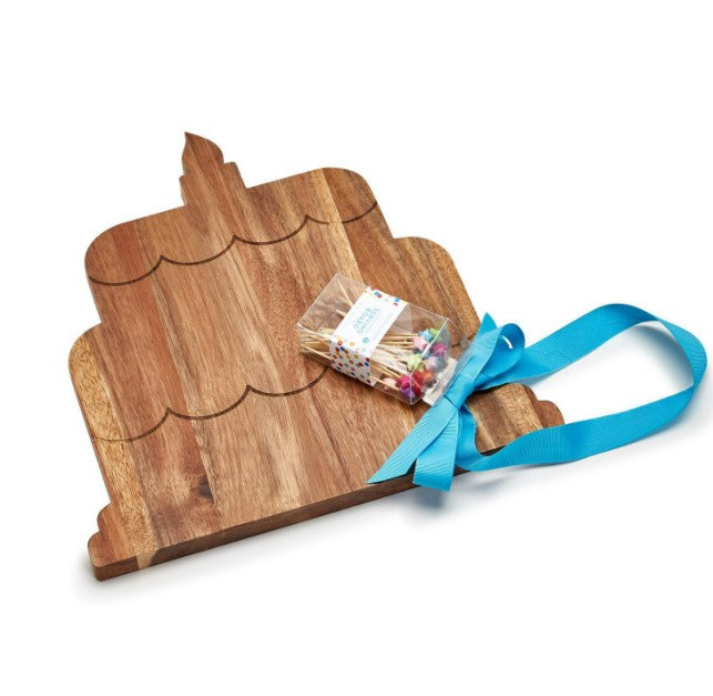 Birthday Cake Serving Board with 20 Star Picks - Acacia Wood/Bamboo Wood/Plastic