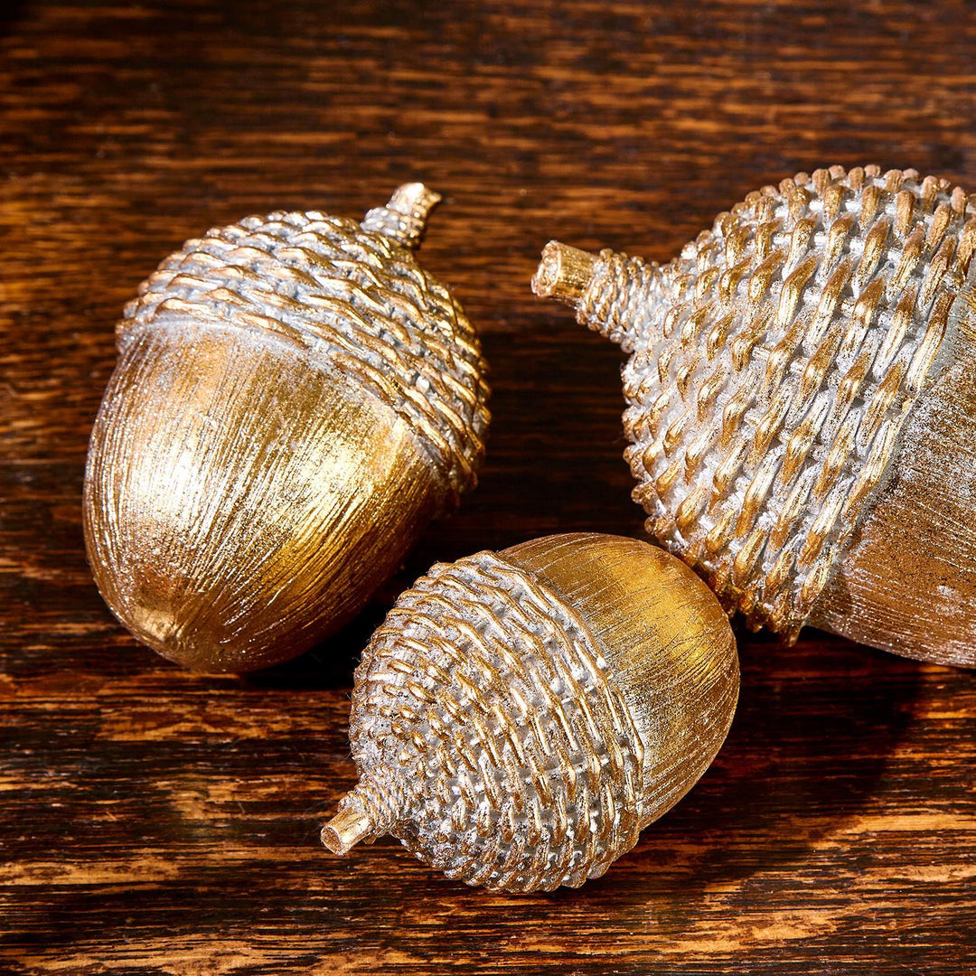 Gold Acorn Decor with Basket Weave Pattern - Set of 3