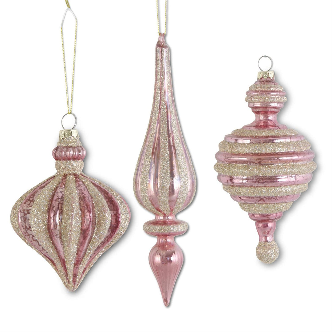 Assorted Pink Mercury Glass Ornaments w/Champagne Glitter - Set of 3