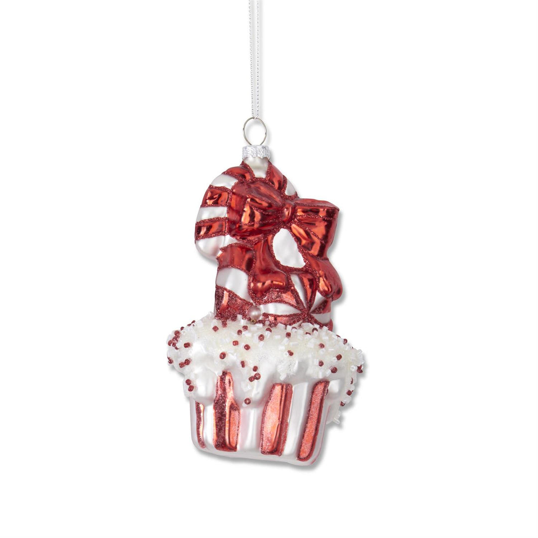 5.25" Red and White Blown Glass Cupcake Ornament