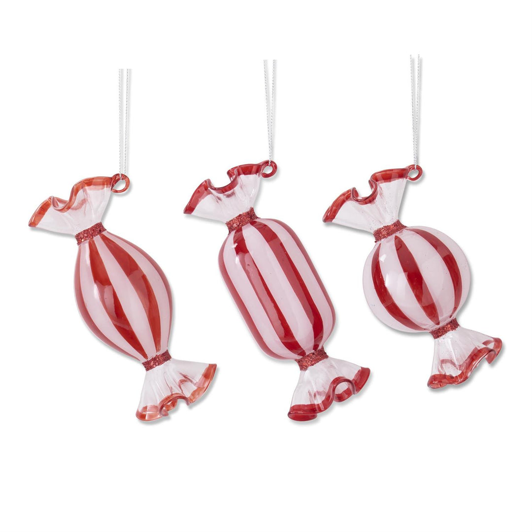 Red & White Glass Candy Ornaments - Set of 3