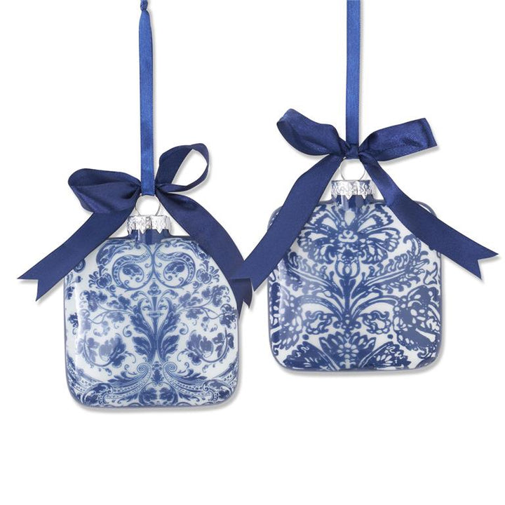 4.25 " Blue & White Floral Print Square Glass Ornament - Set of 2