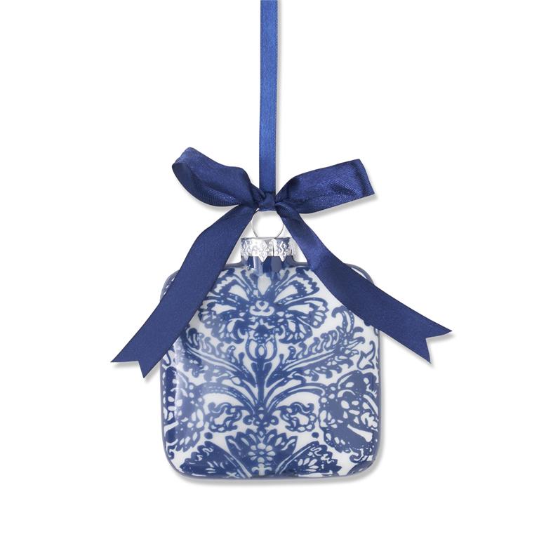 4.25 " Blue & White Floral Print Square Glass Ornament - Set of 2