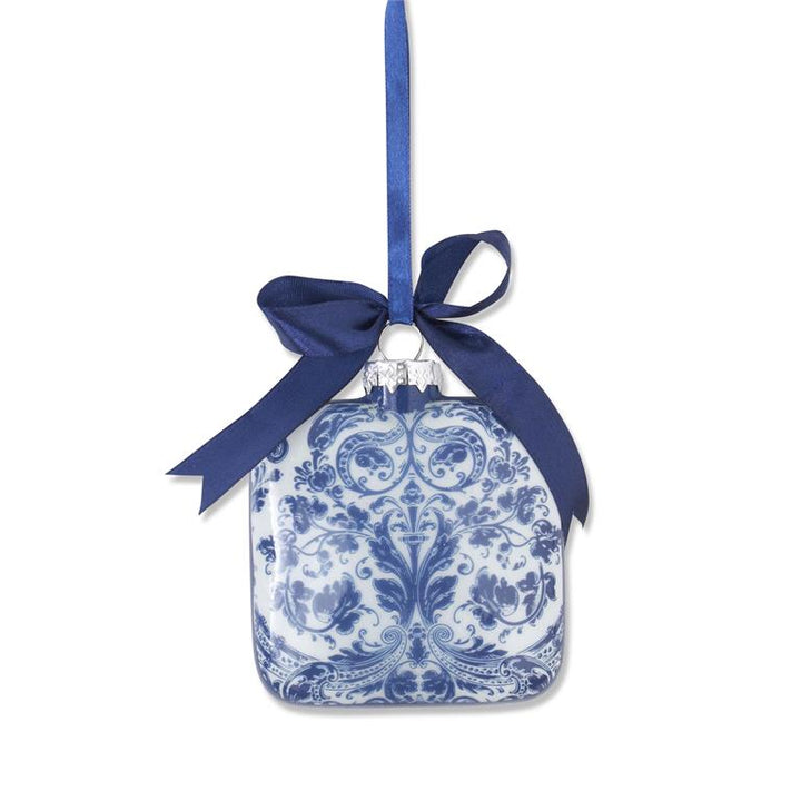 4.25 " Blue & White Floral Print Square Glass Ornament - Set of 2