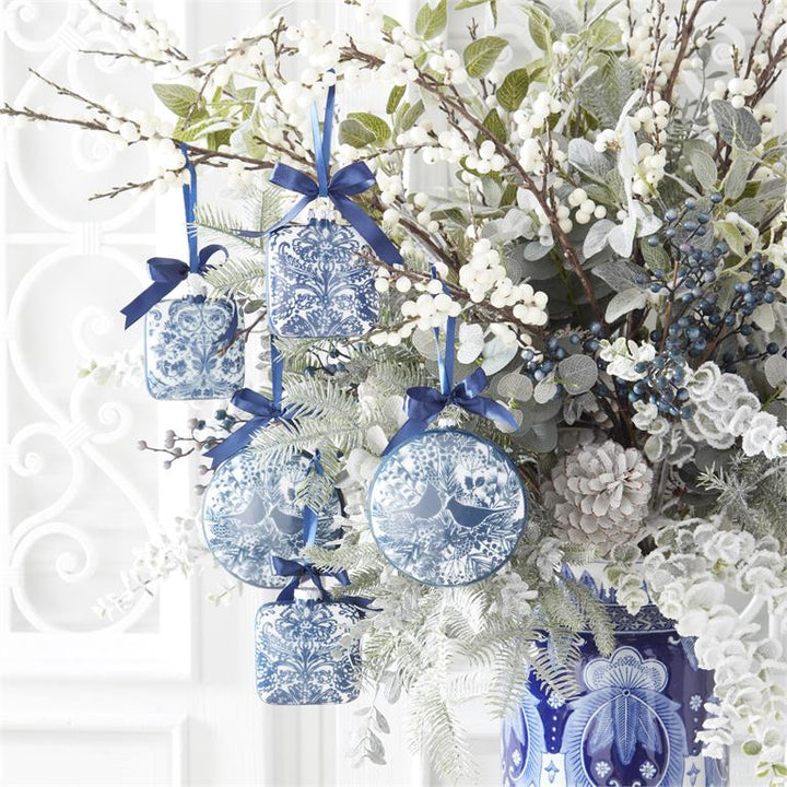 5" Blue & White Floral Print with Birds Flat Round Glass Ornament