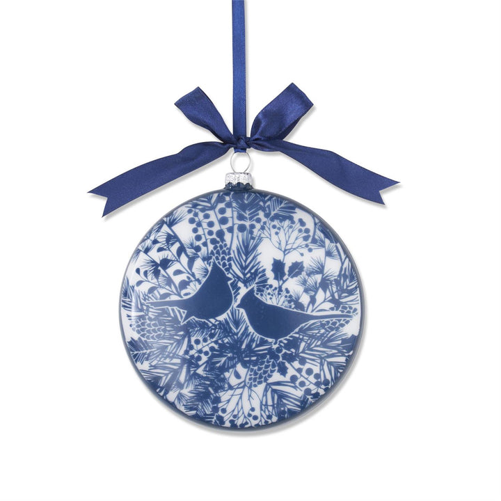 5" Blue & White Floral Print with Birds Flat Round Glass Ornament