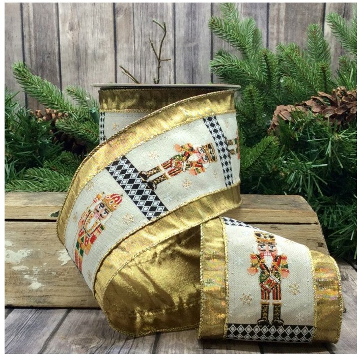 4" x 10yds Linen Nutcracker Metallic Border, Gold