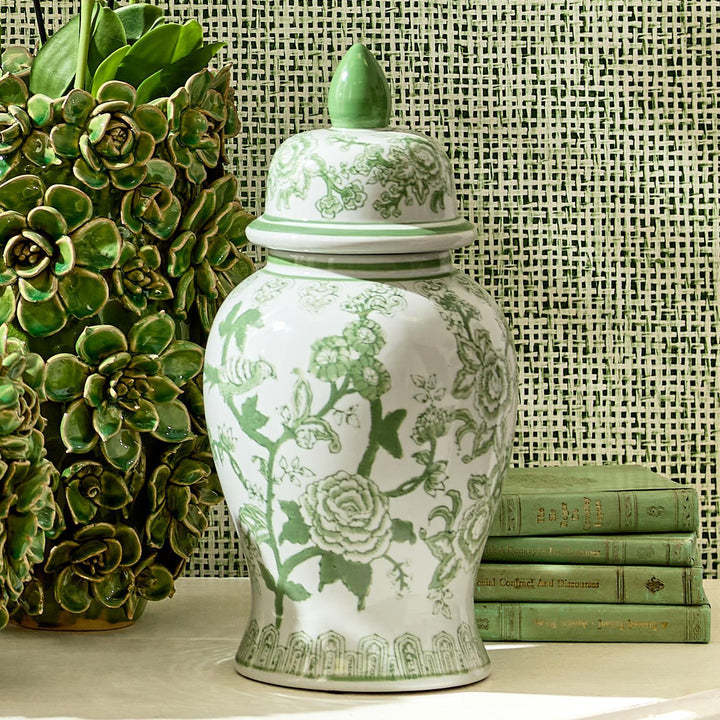 14" Green and White Covered Temple Jar