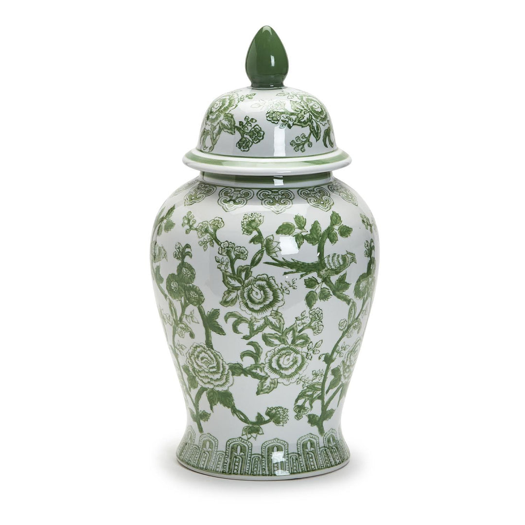 14" Green and White Covered Temple Jar