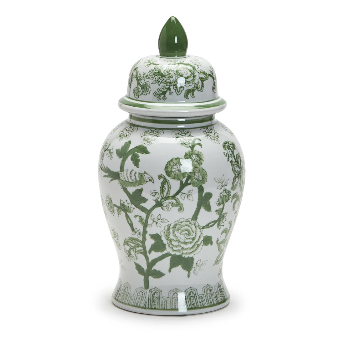 18" Green and White Covered Temple Jar