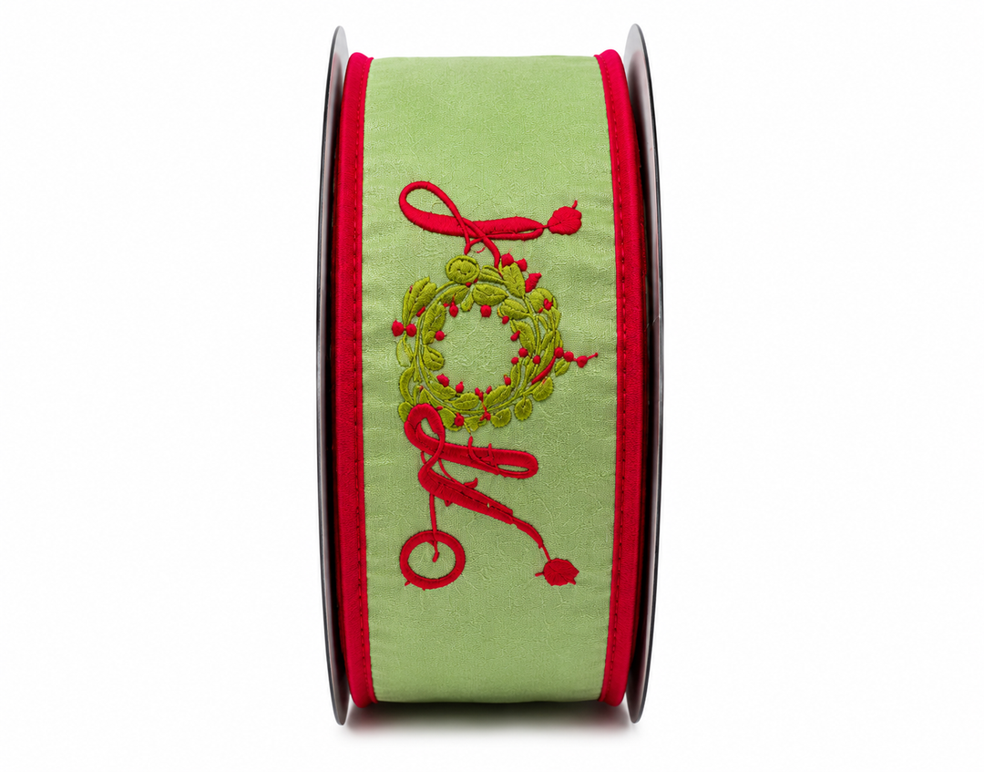 4" X 5 YDS Embroidered Joy Wreath Taffeta Fused