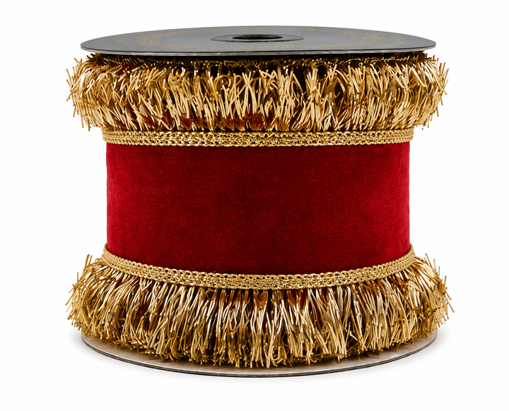 4" X 10 YDS Red Velvet DBL Sided TRrm with Gold Metallic Back