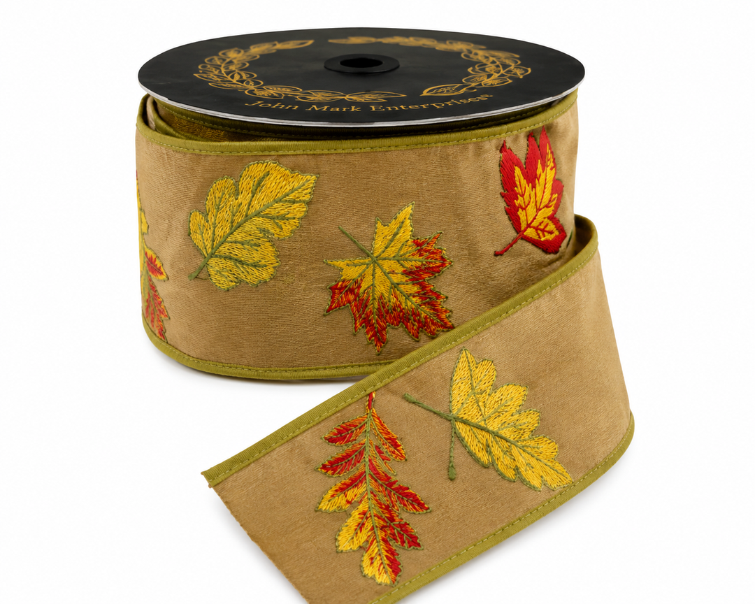 4 x 5 YDS Dupion Fused Embroidered Fall Leaves