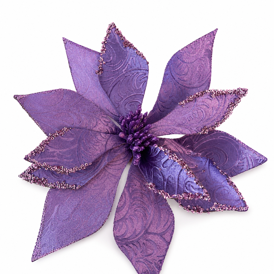 22" Baroque Velvet Glitter Poinsettia Stem in Violet