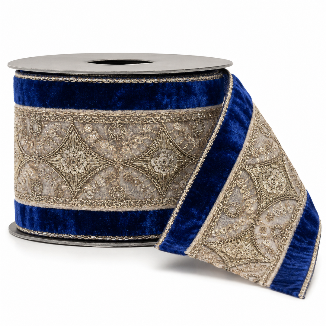 Cobalt Velvet Star Trim Ribbon – 4" x 5 Yards