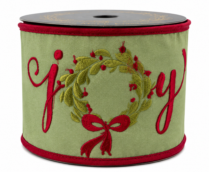 4" X 5 YDS Embroidered Joy Wreath Taffeta Fused