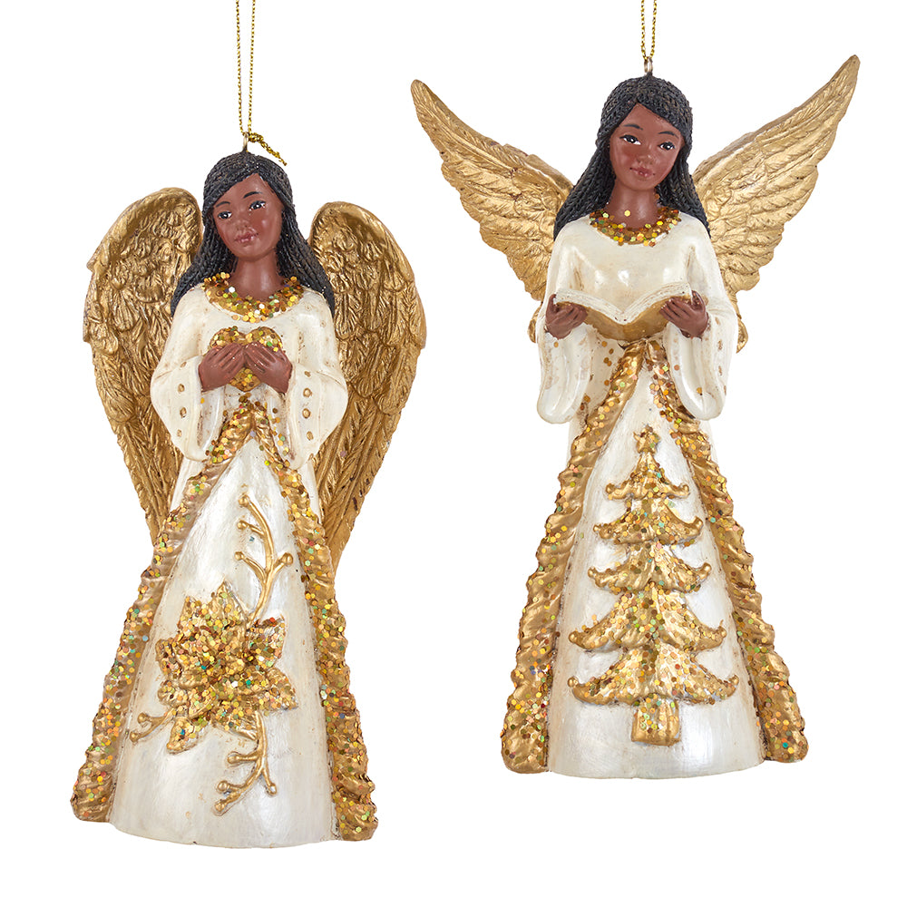 5.25" Ivory and Gold African America Angel Ornaments, Choice of 2 Styles