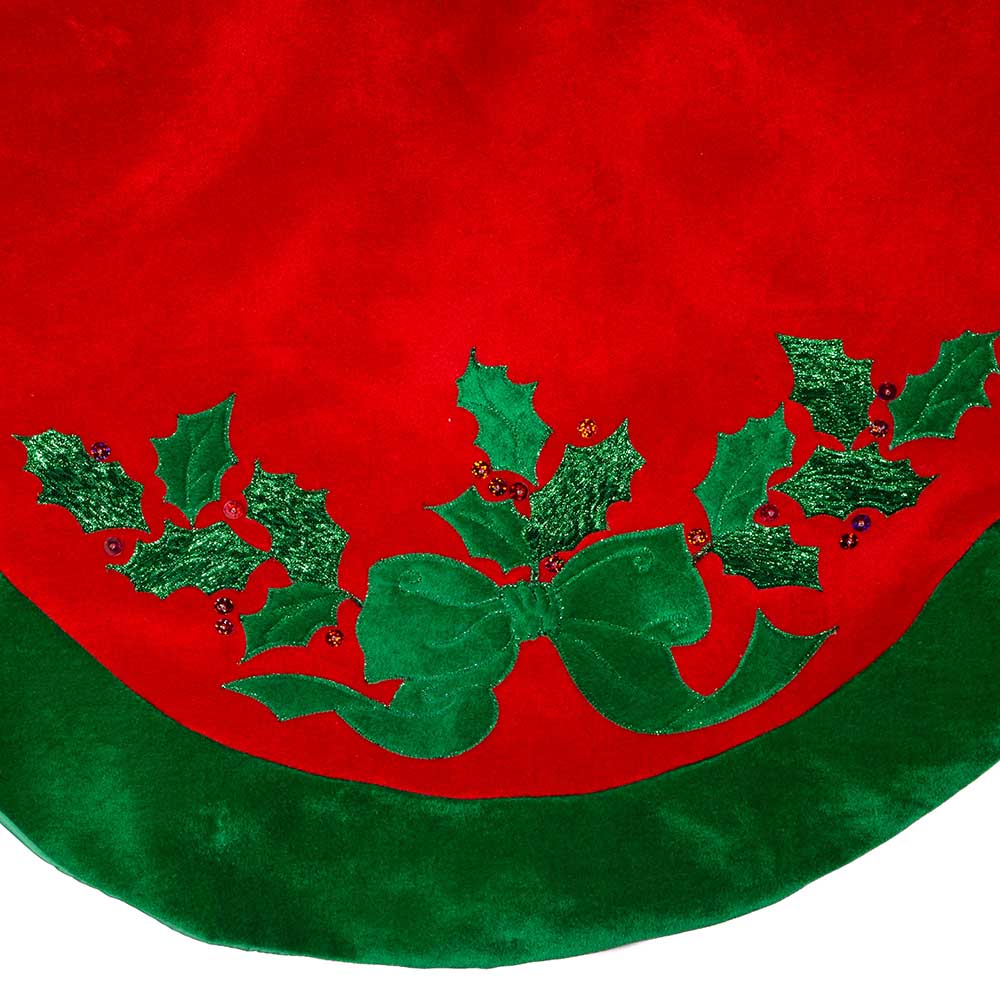 48"  Red With Green Leaves Applique Velvet Tree Skirt