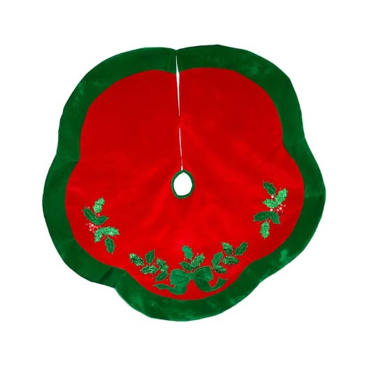 48"  Red With Green Leaves Applique Velvet Tree Skirt