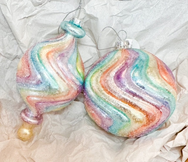 4" and 6 " Glass Swirl Pastel Ornaments - Set of one Ball and one Onion Shape