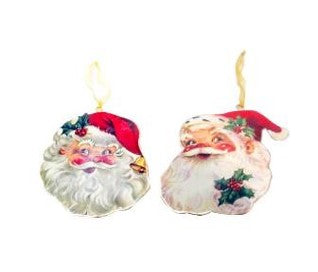 6.5 - 7" Metal with Decal Santa Face Ornament - Set of 2