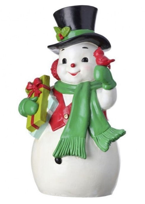 13.5" Resin Snowman Holding Gifts & Cardinals