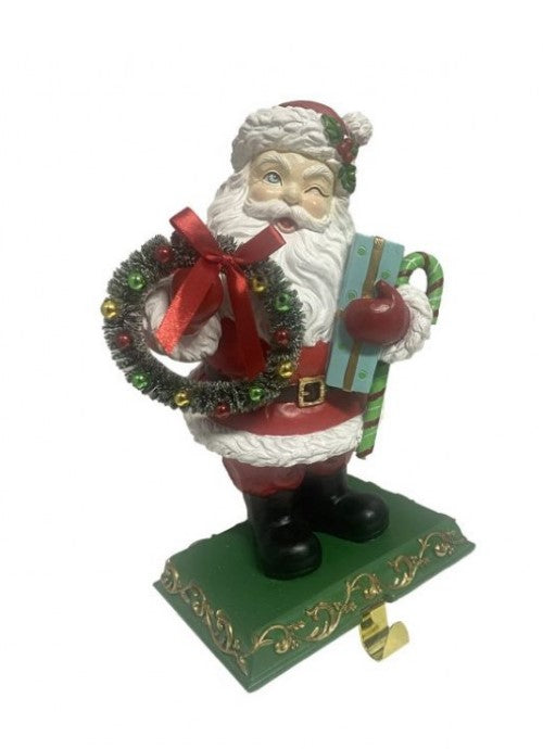 11.2" Resin Santa with Wreath & Gift Stocking Holder