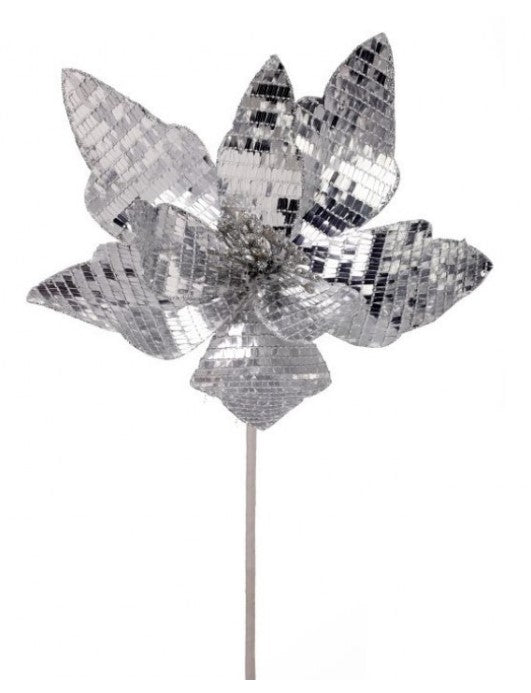 24" Shiny Mirrored Poinsettia Stem - Disco Ball Silver