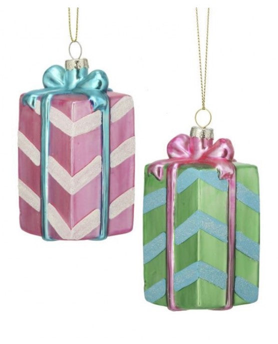 4.5" Glass Giftbox Ornament - Choice of Pink or Mint Green